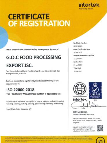Chứng chỉ ISO22000:2018